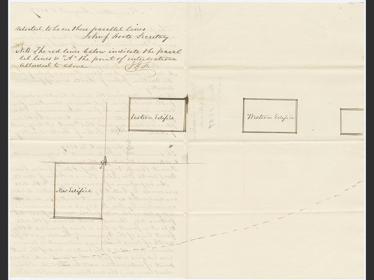 Archival sketch showing the proposed location for Alumni Hall, referred to as "New Edifice" in the sketch