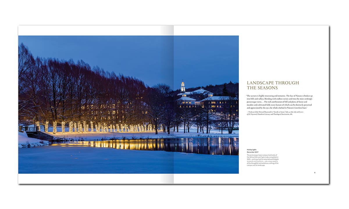 A winter scenic overlooking Taylor Lake at Christmas lights along Taylor Lake, with Colgate Memorial Chapel in the background