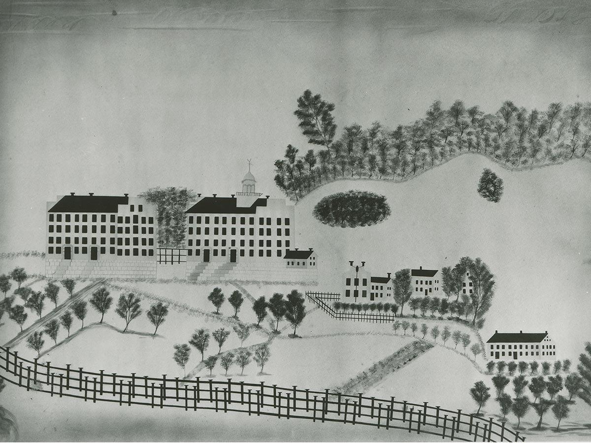 An illustration of the early Colgate campus in which East and West Halls feature prominently